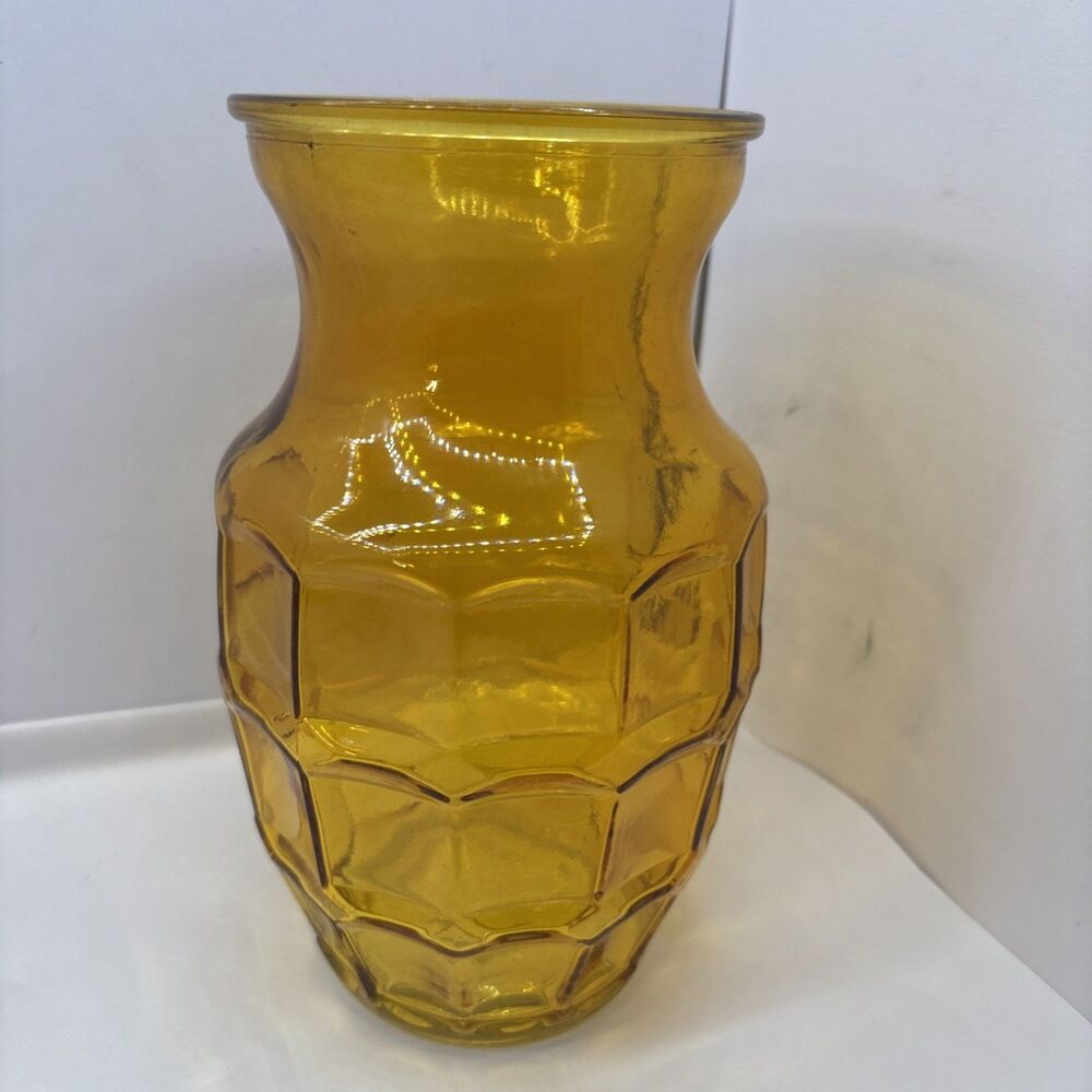 Vintage Amber Glass Geometric Block Pattern Vase 8”H